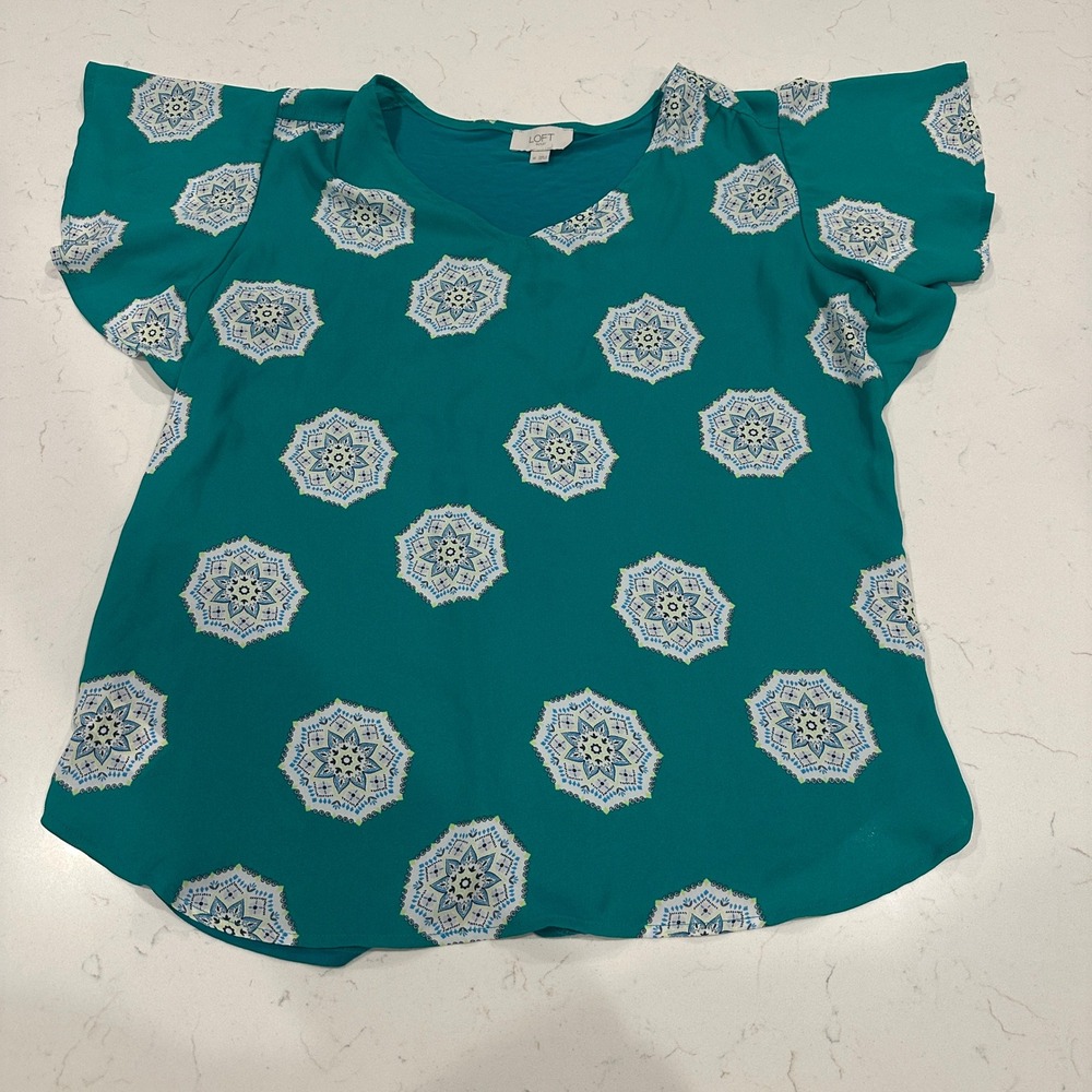 Loft Outlet Womens Teal Green Mandala Print Flutter Sleeve Mixed Media Top M